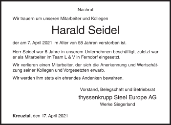 Traueranzeige von Harald Seidel von Siegener Zeitung