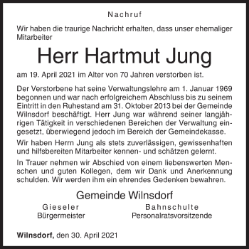 Traueranzeige von Hartmut Jung von Siegener Zeitung
