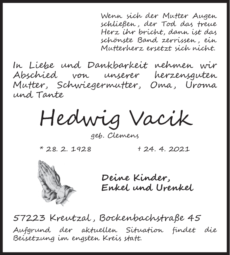 Traueranzeige für Hedwig Vacik vom 30.04.2021 aus Siegener Zeitung