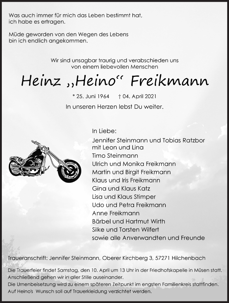  Traueranzeige für Heinz  Freikmann vom 07.04.2021 aus Siegener Zeitung