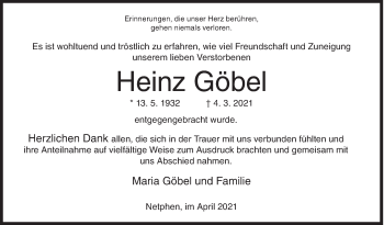 Traueranzeige von Heinz Göbel von Siegener Zeitung