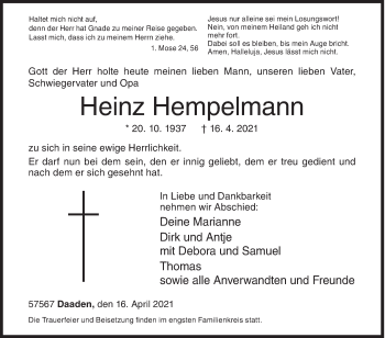 Traueranzeige von Heinz Hempelmann von Siegener Zeitung