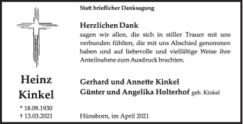 Traueranzeige von Heinz Kinkel von Siegener Zeitung