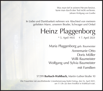 Traueranzeige von Heinz Plaggenborg von Siegener Zeitung