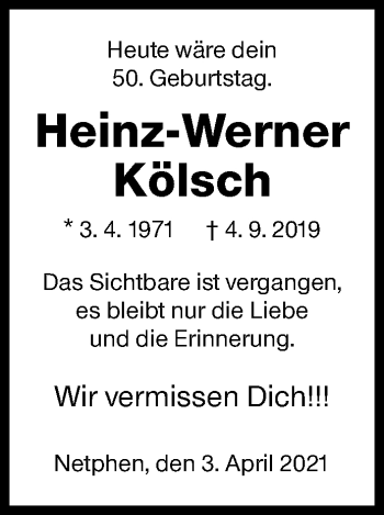 Traueranzeige von Heinz-Werner Kölsch von Siegener Zeitung