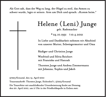 Traueranzeige von Helene Junge von Siegener Zeitung
