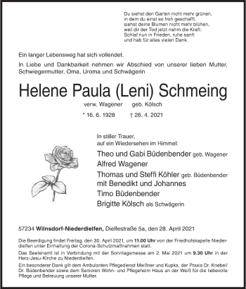 Traueranzeige von Helene Paula Schmeing von Siegener Zeitung