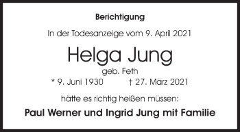 Traueranzeige von Helga Jung von Siegener Zeitung