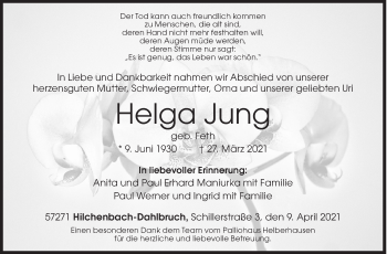Traueranzeige von Helga Jung von Siegener Zeitung