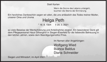 Traueranzeige von Helga Peth von Siegener Zeitung