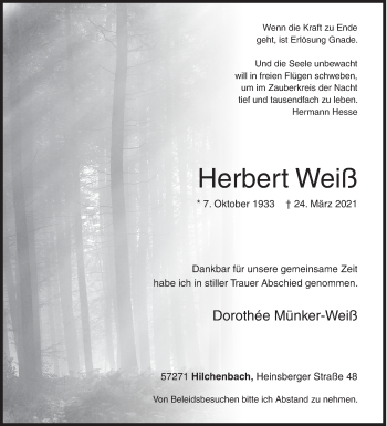 Traueranzeige von Herbert Weiß von Siegener Zeitung