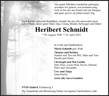 Traueranzeige von Heribert Schmidt von Siegener Zeitung
