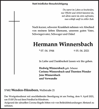 Traueranzeige von Hermann Winnersbach von Siegener Zeitung