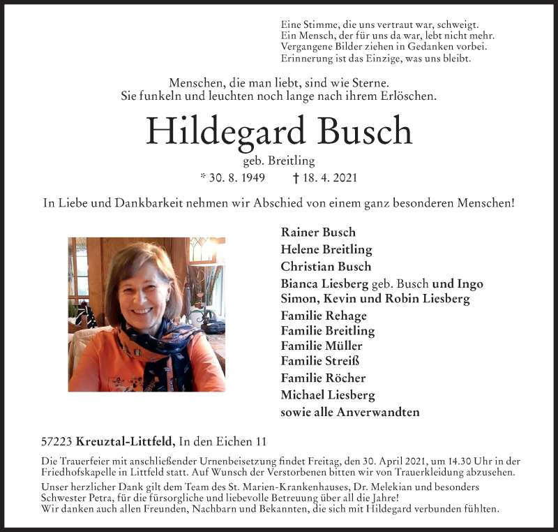  Traueranzeige für Hildegard Busch vom 24.04.2021 aus Siegener Zeitung