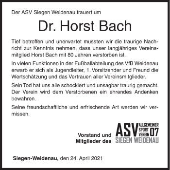 Traueranzeige von Horst Bach von Siegener Zeitung