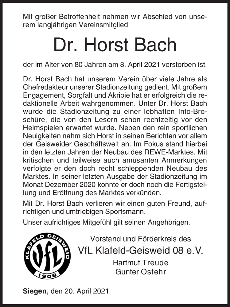  Traueranzeige für Horst Bach vom 20.04.2021 aus Siegener Zeitung