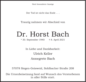 Traueranzeige von Horst Bach von Siegener Zeitung