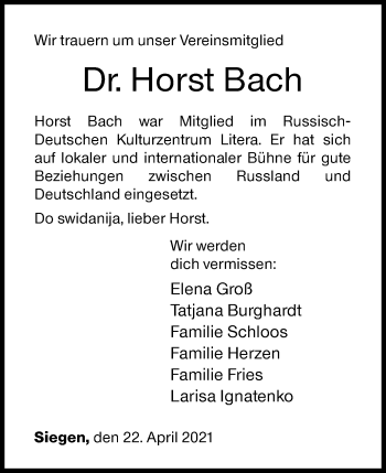 Traueranzeige von Horst Bach von Siegener Zeitung