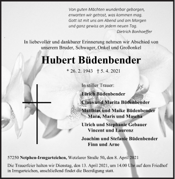 Traueranzeige von Hubert Büdenbender von Siegener Zeitung