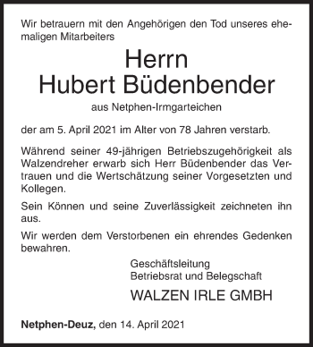 Traueranzeige von Hubert Büdenbender von Siegener Zeitung