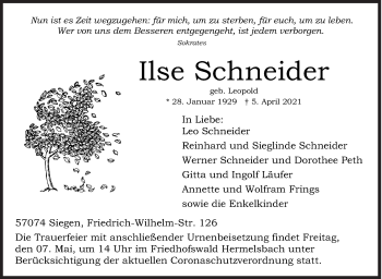 Traueranzeige von Ilse Schneider von Siegener Zeitung