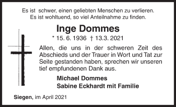 Traueranzeige von Inge Dommes von Siegener Zeitung