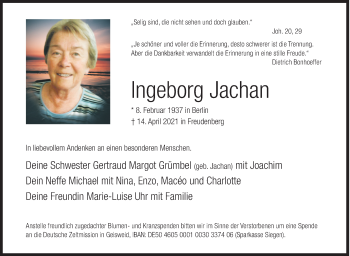 Traueranzeige von Ingeborg Jachan von Siegener Zeitung