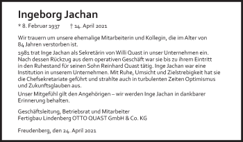 Traueranzeige von Ingeborg Jachan von Siegener Zeitung