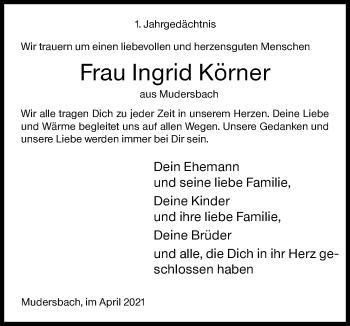 Traueranzeige von Ingrid Körner von Siegener Zeitung