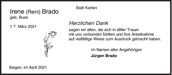Traueranzeige von Irene Brado von Siegener Zeitung
