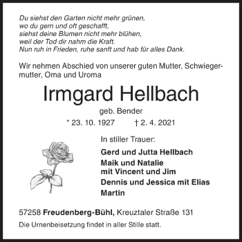 Traueranzeige von Irmgard Hellbach von Siegener Zeitung