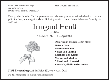 Traueranzeige von Irmgard Henß von Siegener Zeitung