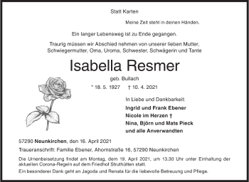 Traueranzeige von Isabella Resmer von Siegener Zeitung