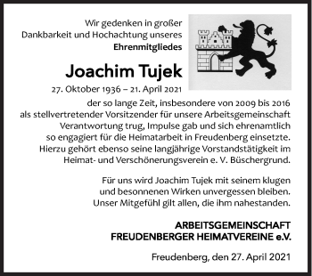 Traueranzeige von Joachim Tujek von Siegener Zeitung