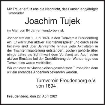 Traueranzeige von Joachim Tujek von Siegener Zeitung