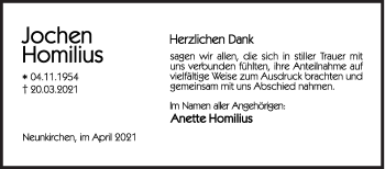 Traueranzeige von Jochen Homilius von Siegener Zeitung