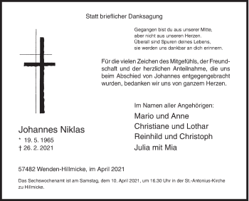 Traueranzeige von Johannes Niklas von Siegener Zeitung