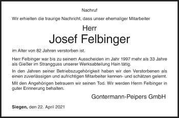 Traueranzeige von Josef Felbinger von Siegener Zeitung