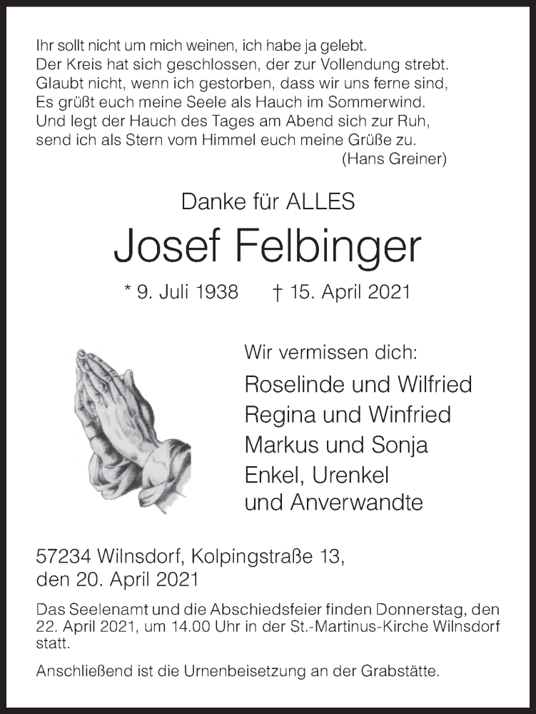  Traueranzeige für Josef Felbinger vom 20.04.2021 aus Siegener Zeitung