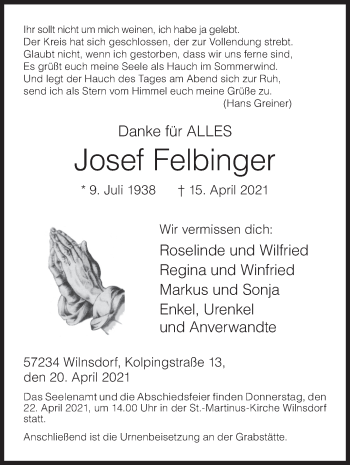 Traueranzeige von Josef Felbinger von Siegener Zeitung