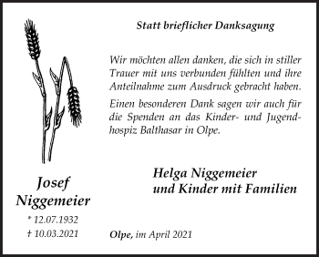 Traueranzeige von Josef Niggemeier von Siegener Zeitung
