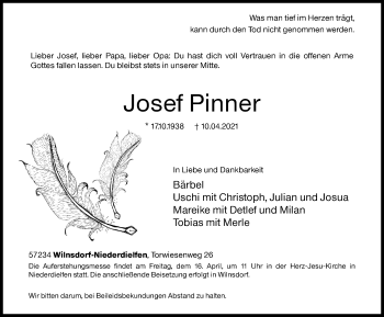Traueranzeige von Josef Pinner von Siegener Zeitung