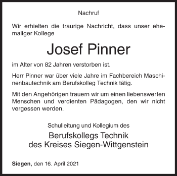 Traueranzeige von Josef Pinner von Siegener Zeitung