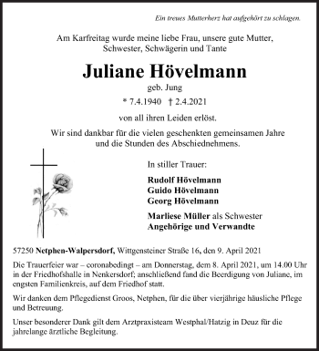 Traueranzeige von Juliane Hövelmann von Siegener Zeitung