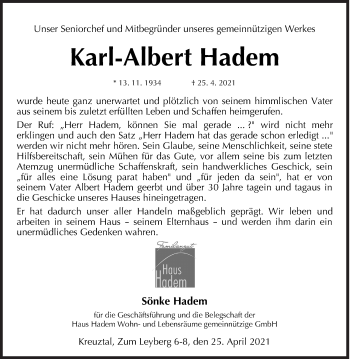 Traueranzeige von Karl-Albert Hadern von Siegener Zeitung