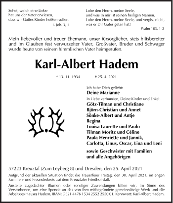 Traueranzeige von Karl-Albert Hadern von Siegener Zeitung