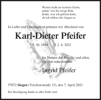 Traueranzeige von Karl-Dieter Pfeifer von Siegener Zeitung