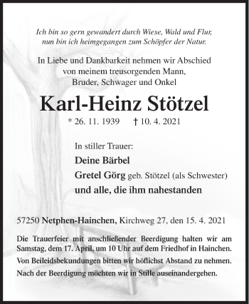 Traueranzeige von Karl-Heinz Stötzel von Siegener Zeitung