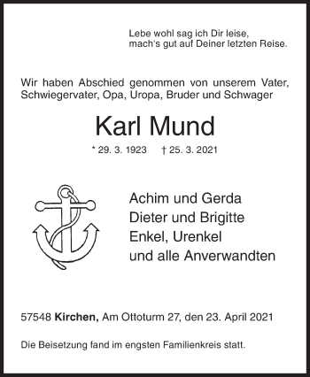 Traueranzeige von Karl Mund von Siegener Zeitung