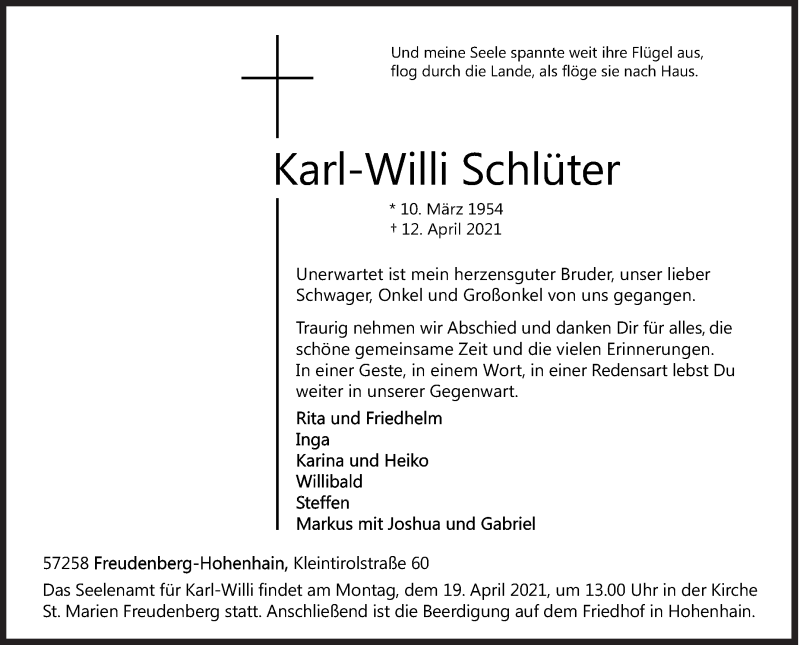  Traueranzeige für Karl-Willi Schlüter vom 15.04.2021 aus Siegener Zeitung